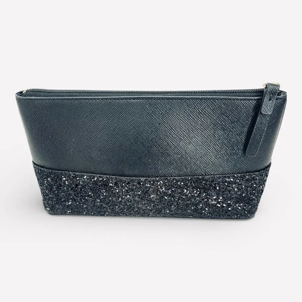KATE SPADE New York Greta Court Glitter Cosmetic Bag BLACK NEW Travel Glam